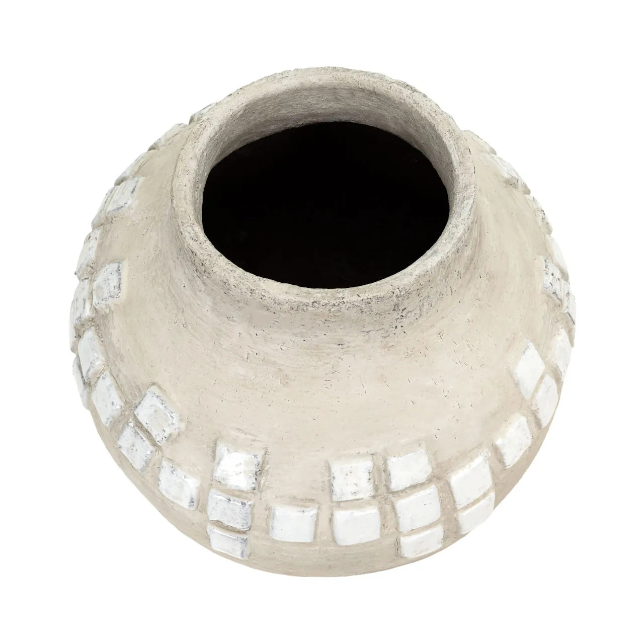 tall grey washed vase with white accents on a white background