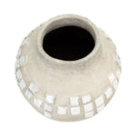 tall grey washed vase with white accents on a white background