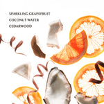 Grapefruit slices and coconut pieces with text on a white background