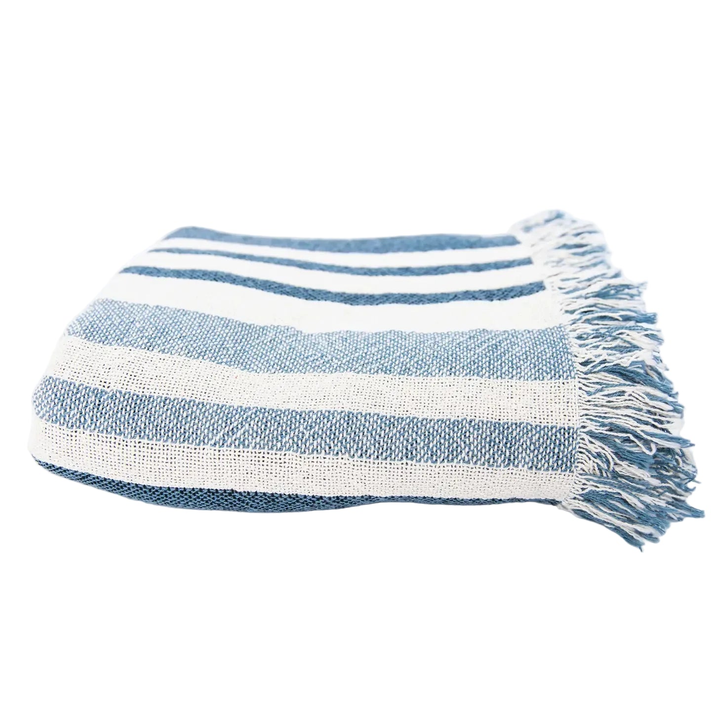 Blue and white striped blanket with fringes on a white background