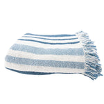 Blue and white striped blanket with fringes on a white background
