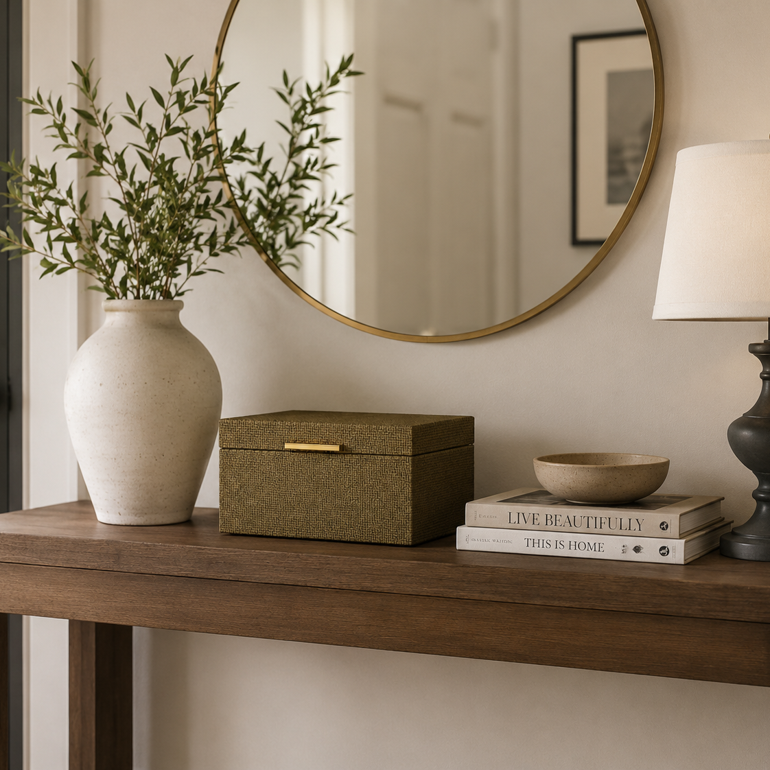 Wooden console table with decorative items including a vase, box, books, and lamp.