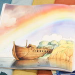 Illustration of a boat on water with a rainbow and landscape