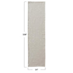 Rectangular table runner with dimensions 108 inches long and 14 inches wide on a white background.