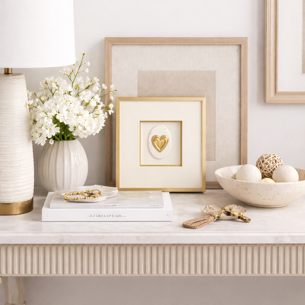 Decorative table setting with a vase of white flowers, framed art, and books on a light-colored surface.