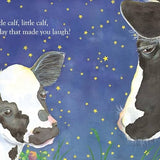 Illustration of a cow and calf with a bedtime story text on a starry night background.