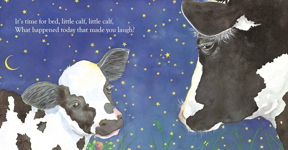 Illustration of a cow and calf with a bedtime story text on a starry night background.