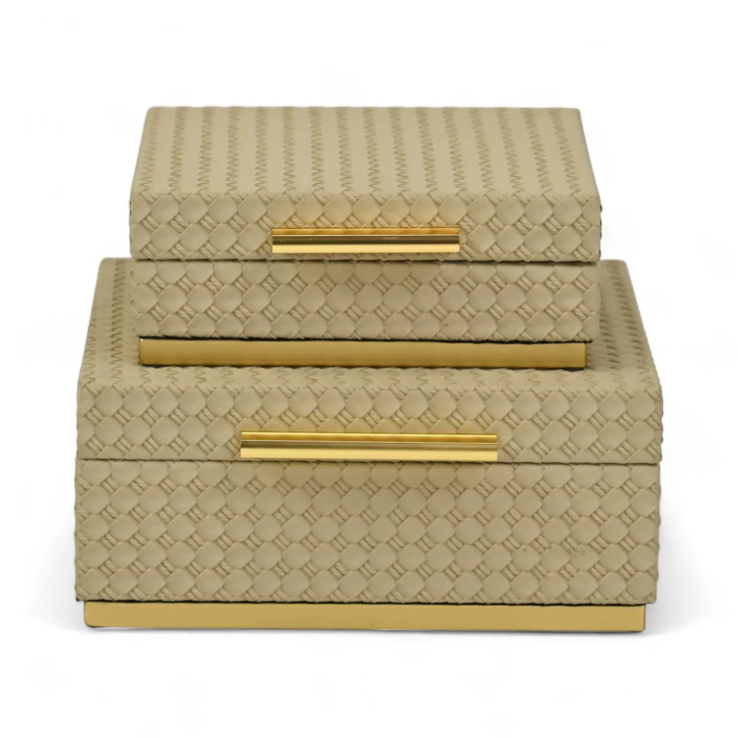 Set of two decorative boxes with woven pattern and gold accents on a white background
