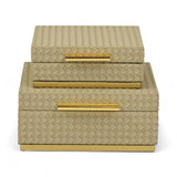 Set of two decorative boxes with woven pattern and gold accents on a white background