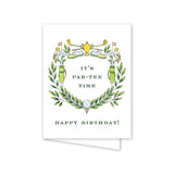 Greeting card with golf-themed design and 'It's Par-tee Time Happy Birthday!' text on a white background.