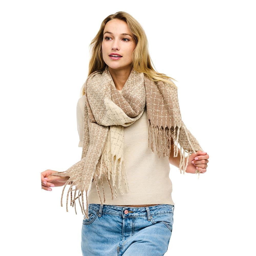 Beige Two Tone Knit Scarf With Fringe Detail