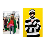 Two fashion images: one with a person in a colorful outfit and sunglasses, another with a person in a black and white striped sweater against a yellow background.