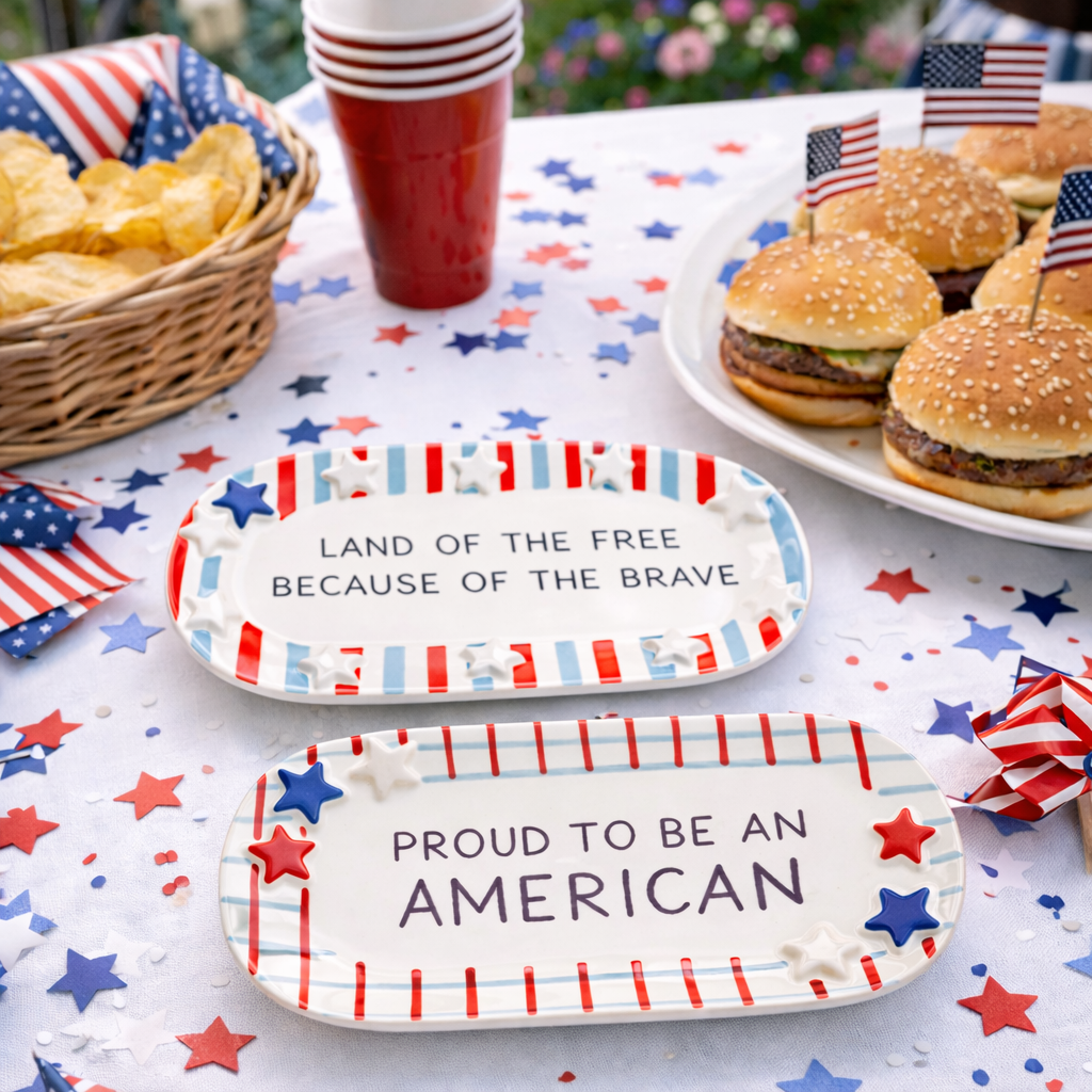Table setting with burgers, chips, and decorative plates with patriotic text on a tablecloth with stars and stripes.