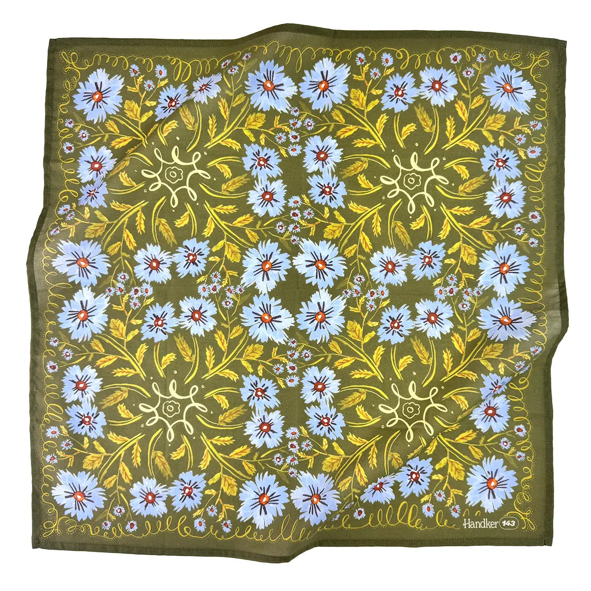 Floral patterned fabric with blue flowers and green leaves on a white background