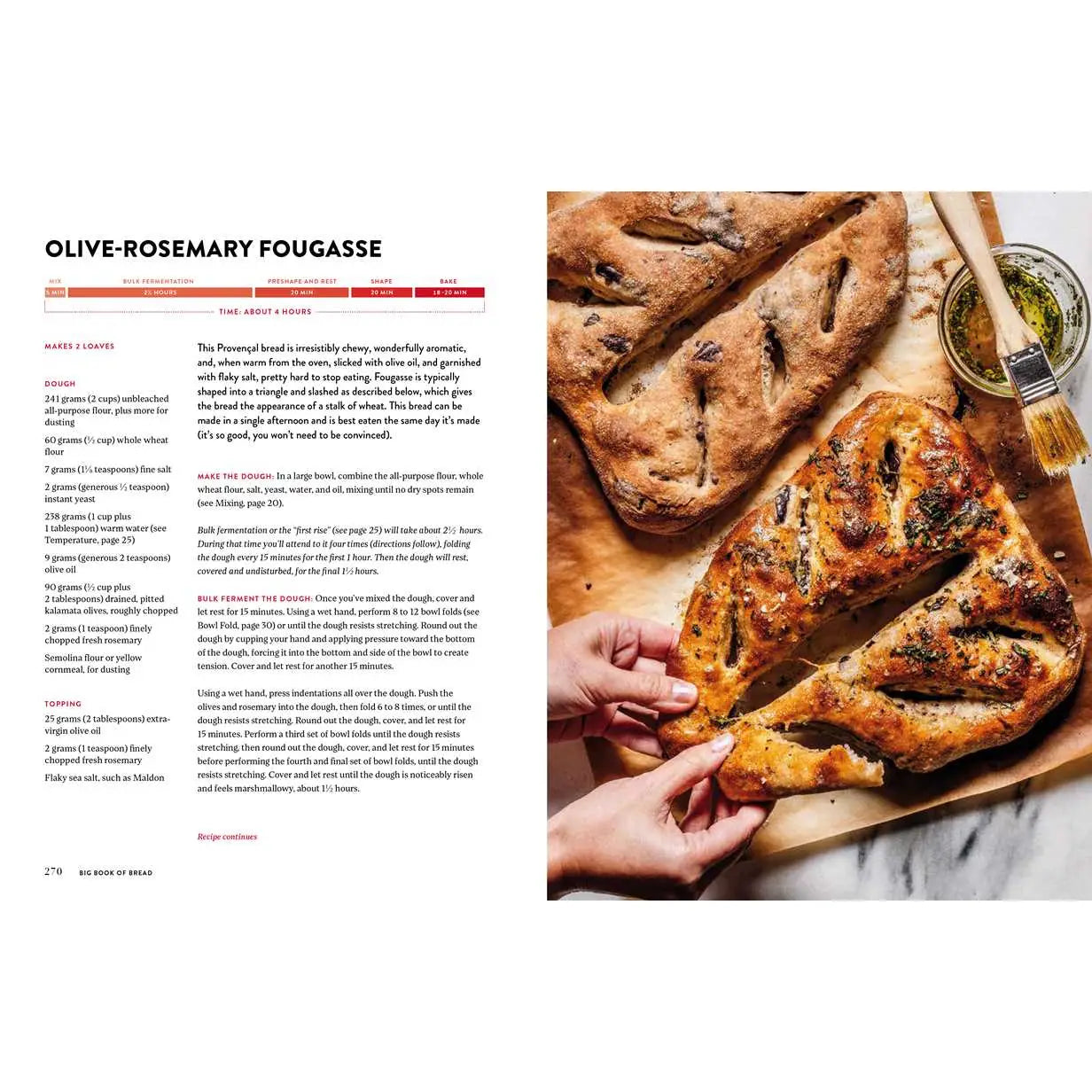 Olive-Rosemary Fougèse bread on a wooden board with a person holding it, next to a recipe text.
