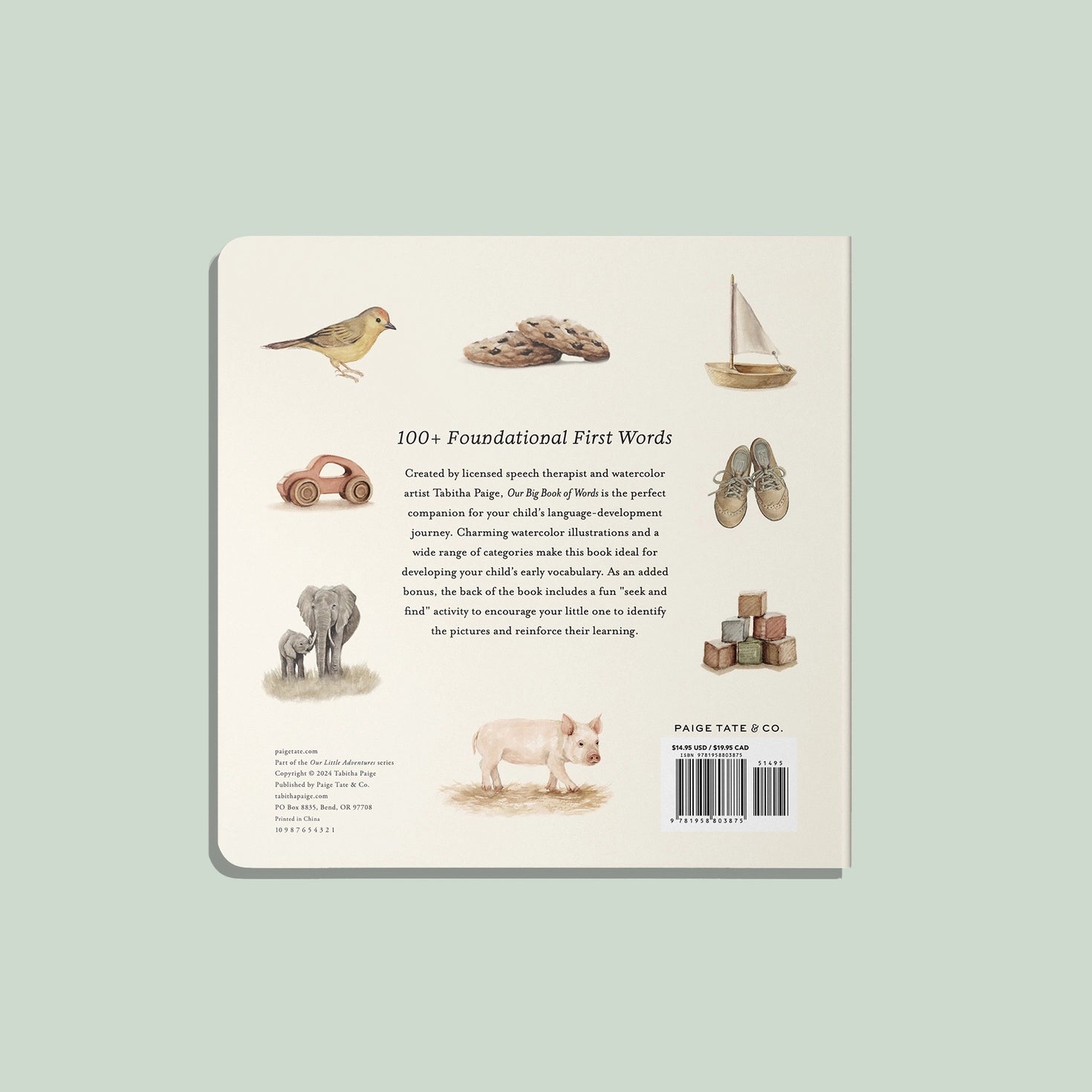 Back cover of a book with illustrations of animals and objects on a light green background