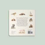 Back cover of a book with illustrations of animals and objects on a light green background