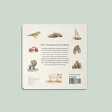 Back cover of a book with illustrations of animals and objects on a light green background