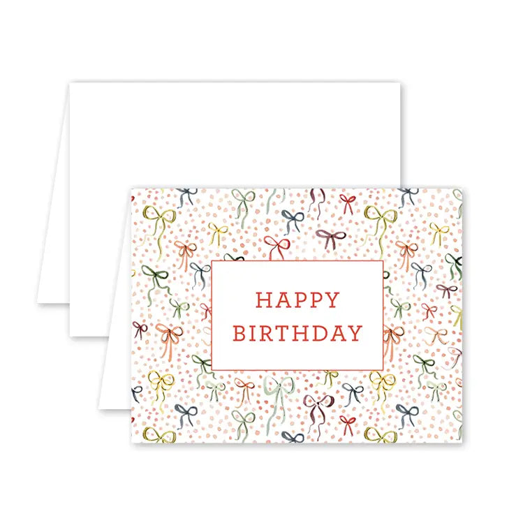 Birthday card with colorful bows and 'Happy Birthday' text on a white background