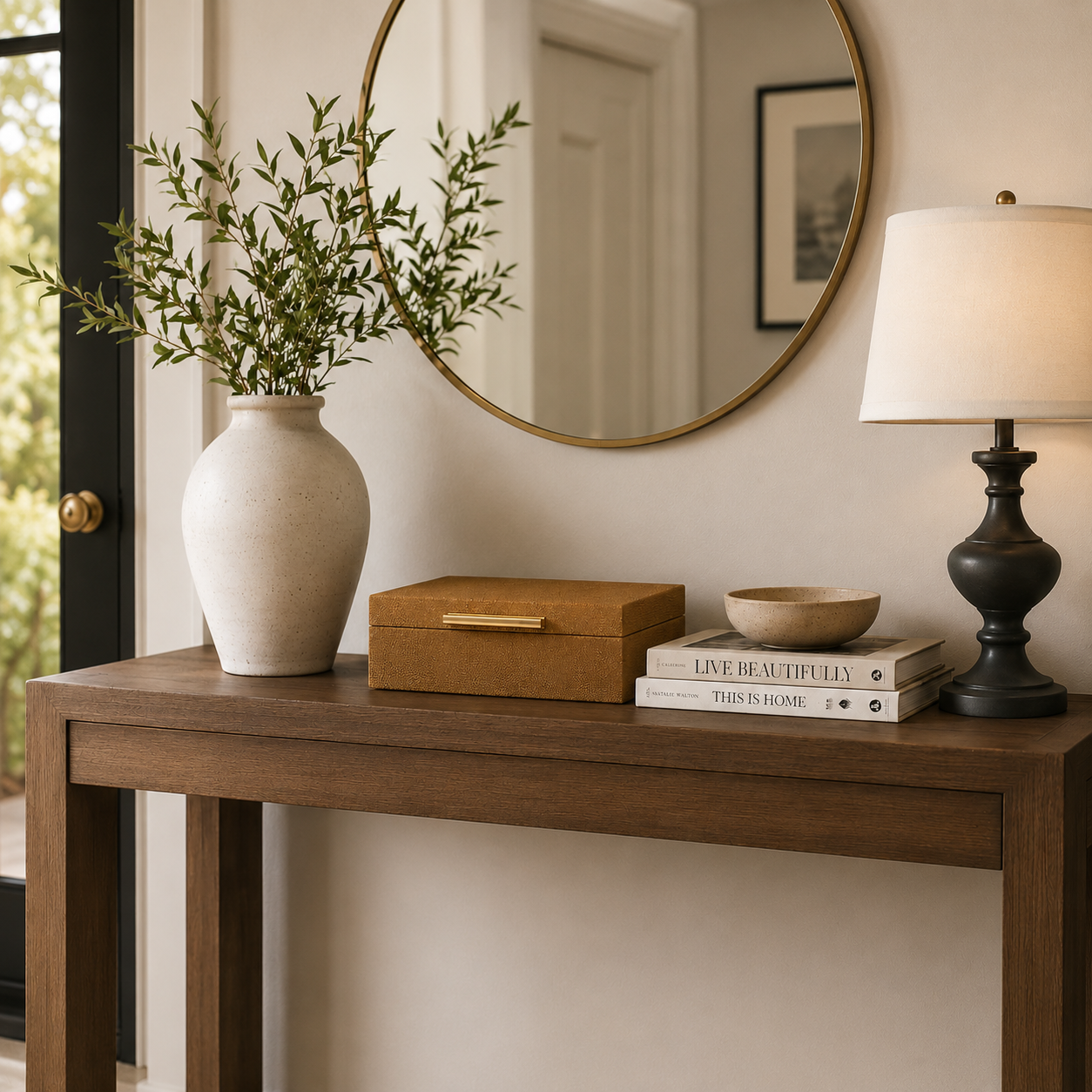 Wooden console table with decorative items including a vase, books, and a lamp in a home setting.