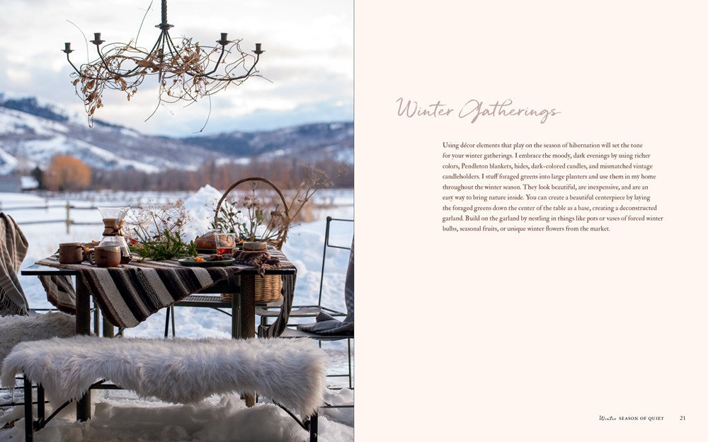 Winter gathering scene with a table by a lake, mountains in the background, and text on the right.
