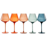 Five colorful wine glasses on a white background