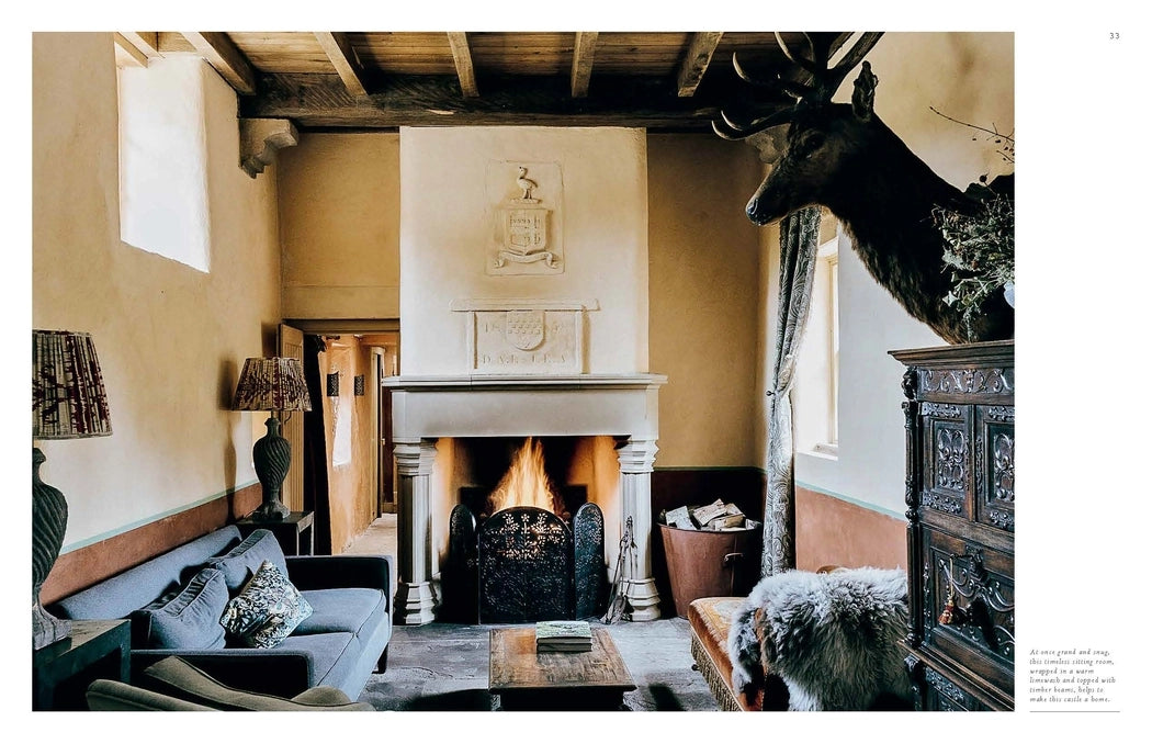 Cozy living room with fireplace, sofa, and deer head mounted on the wall.