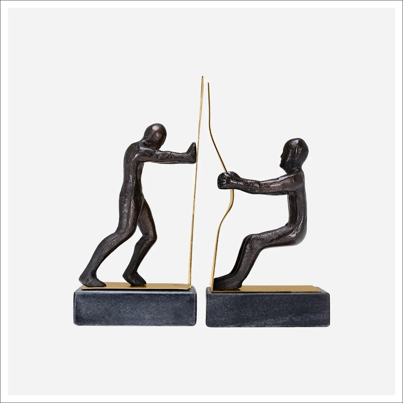 Rodari Bookends showing two figures pushing and pulling on white background