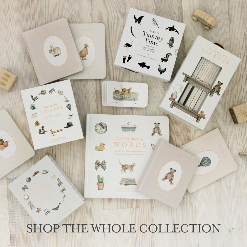 Collection of children's books on a wooden surface with 'Shop the Whole Collection' text.