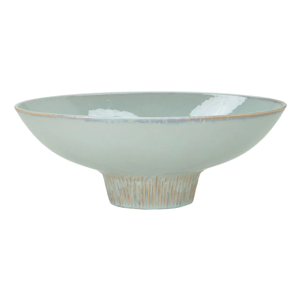 glazed ceramic wide flared  pedestal bowl with ribbed textured base on white background