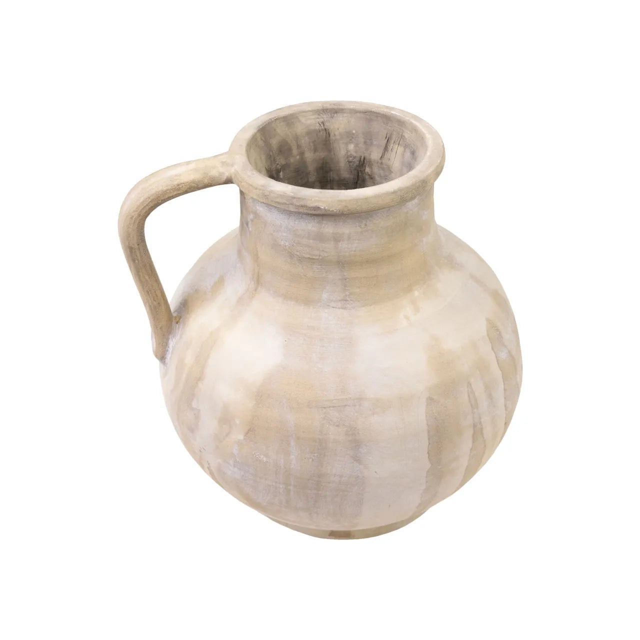 Decorative ceramic pitcher with a rounded body, integrated handle, and layered beige finish with subtle vertical glazing on white background