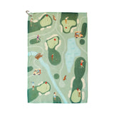Golf-themed towel with illustrations of golfers and a golf course layout on a green background.