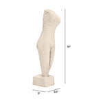 measurements shown of Abstract beige cement human body sculpture with an elongated silhouette, textured stone-like finish, and minimalist design on a rectangular base on white background
