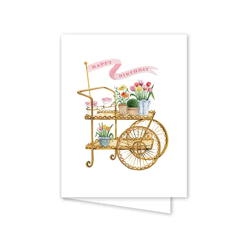 Birthday card with a gold cart illustration and flowers on a white background