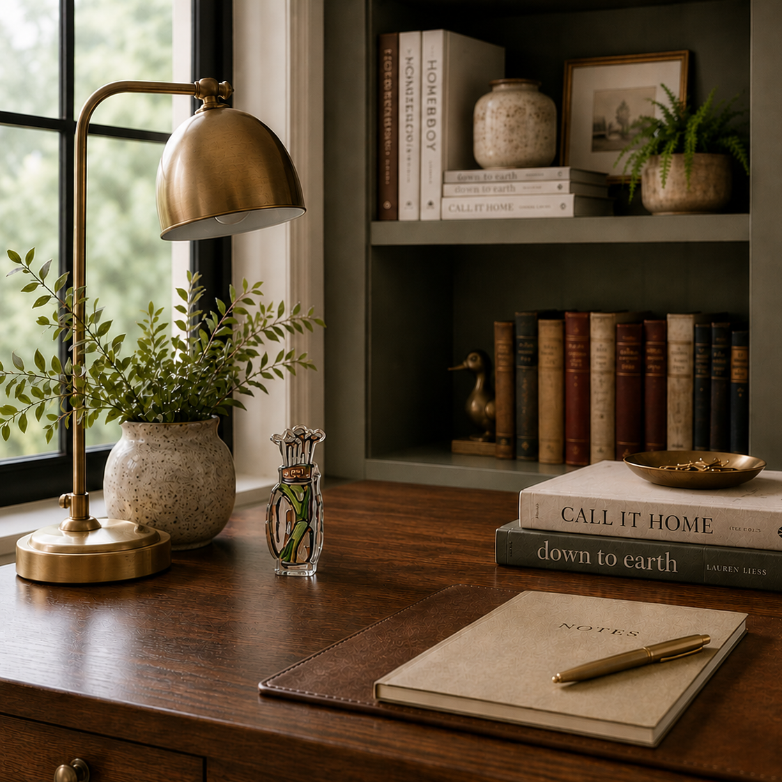Home office desk with books, a lamp, and decorative items.