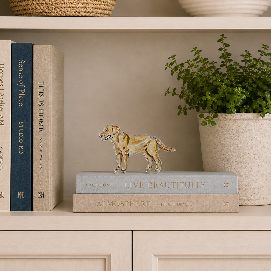 Decorative shelf with books, a dog figurine, and a plant.