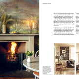 Interior design magazine spread with a fireplace and room views.
