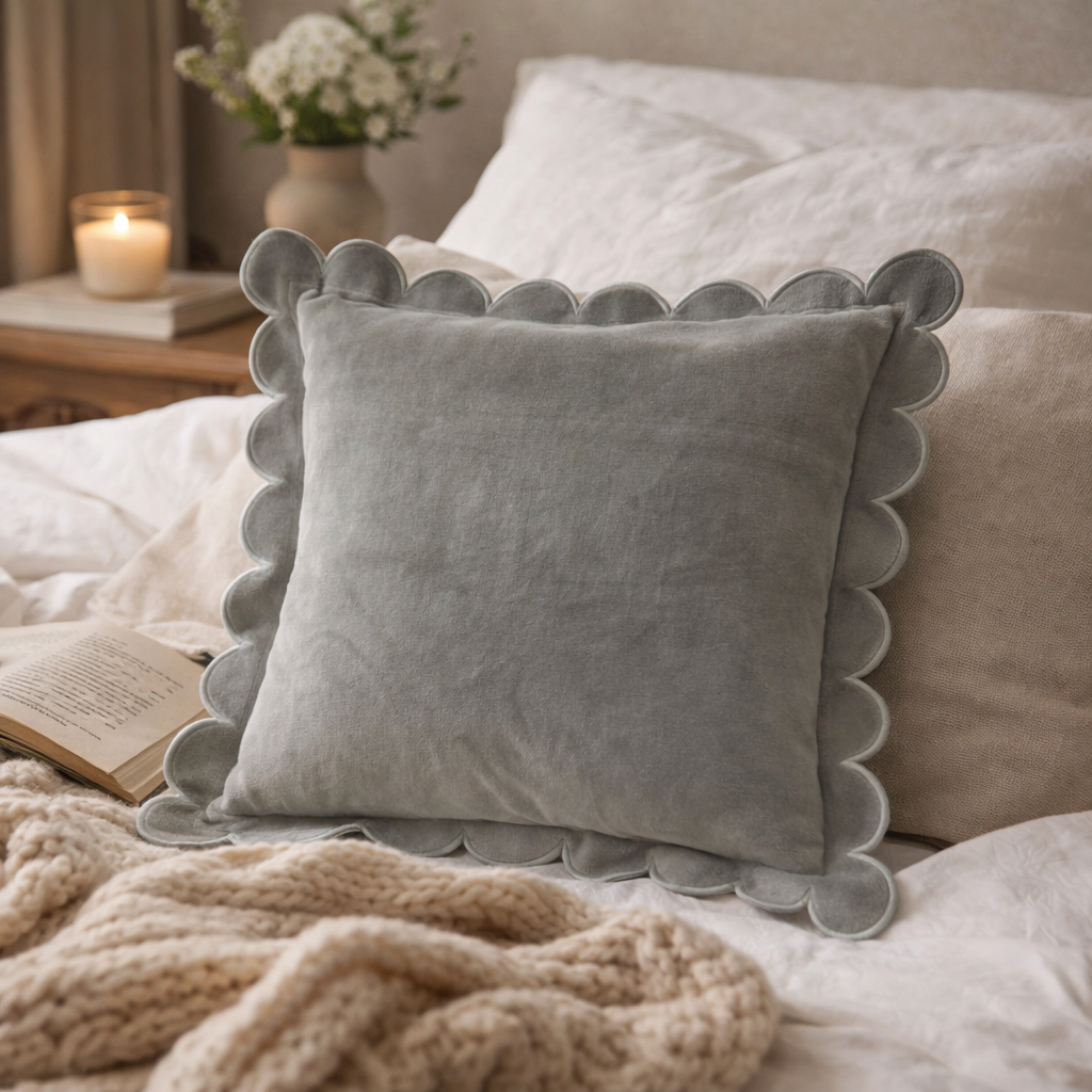 Gray scalloped-edge pillow on a bed with a book and knitted blanket.
