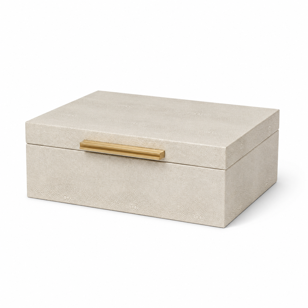 Beige jewelry box with a gold handle on a white background