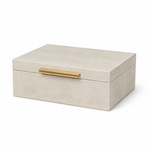 Beige jewelry box with a gold handle on a white background