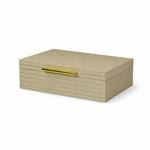 Beige striped box with a gold handle on a white background