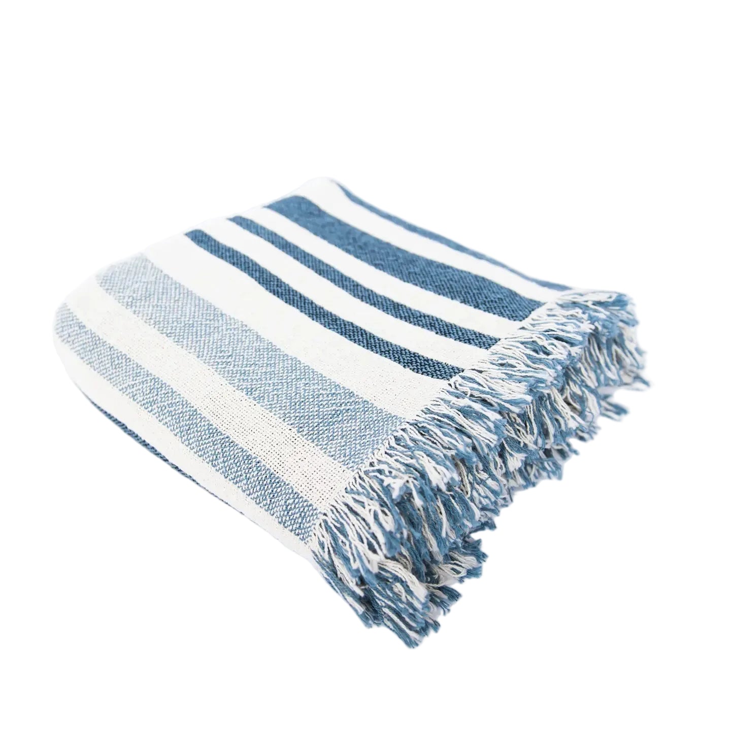Blue and white striped throw with fringes on a white background