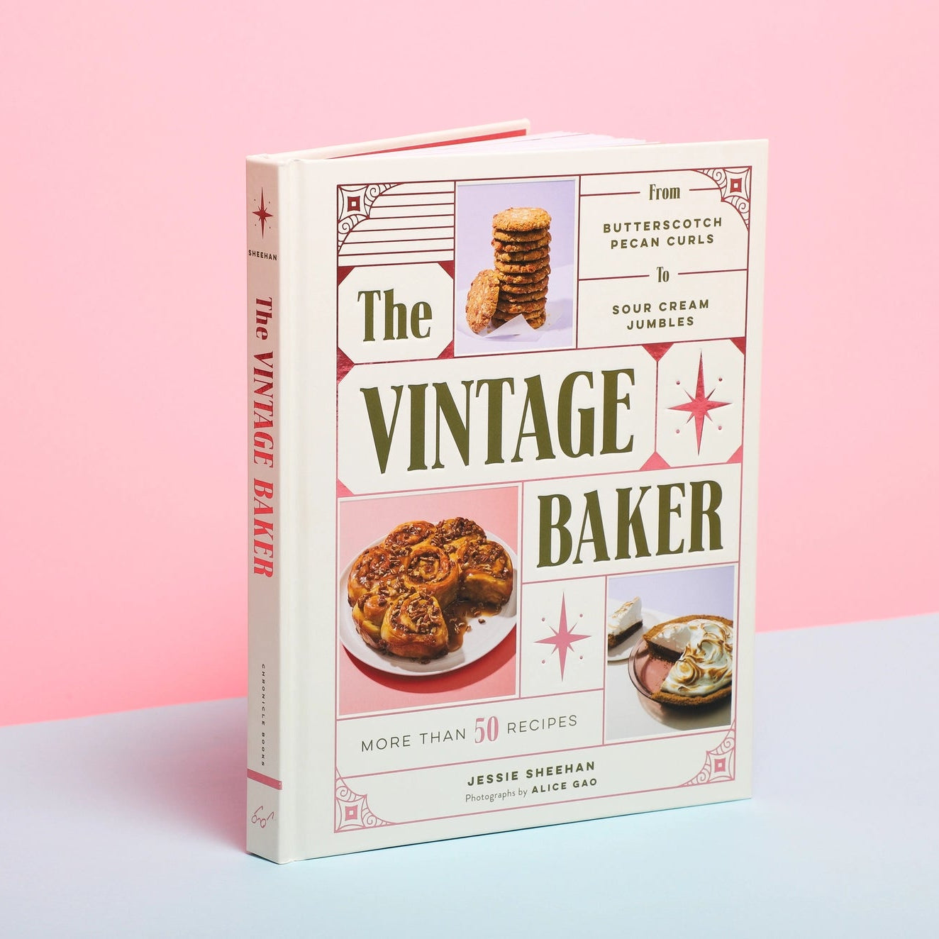 Book titled 'The Vintage Baker' on a pink background