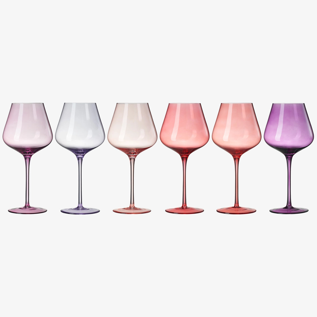 Set of six wine glasses with gradient colors on a white background