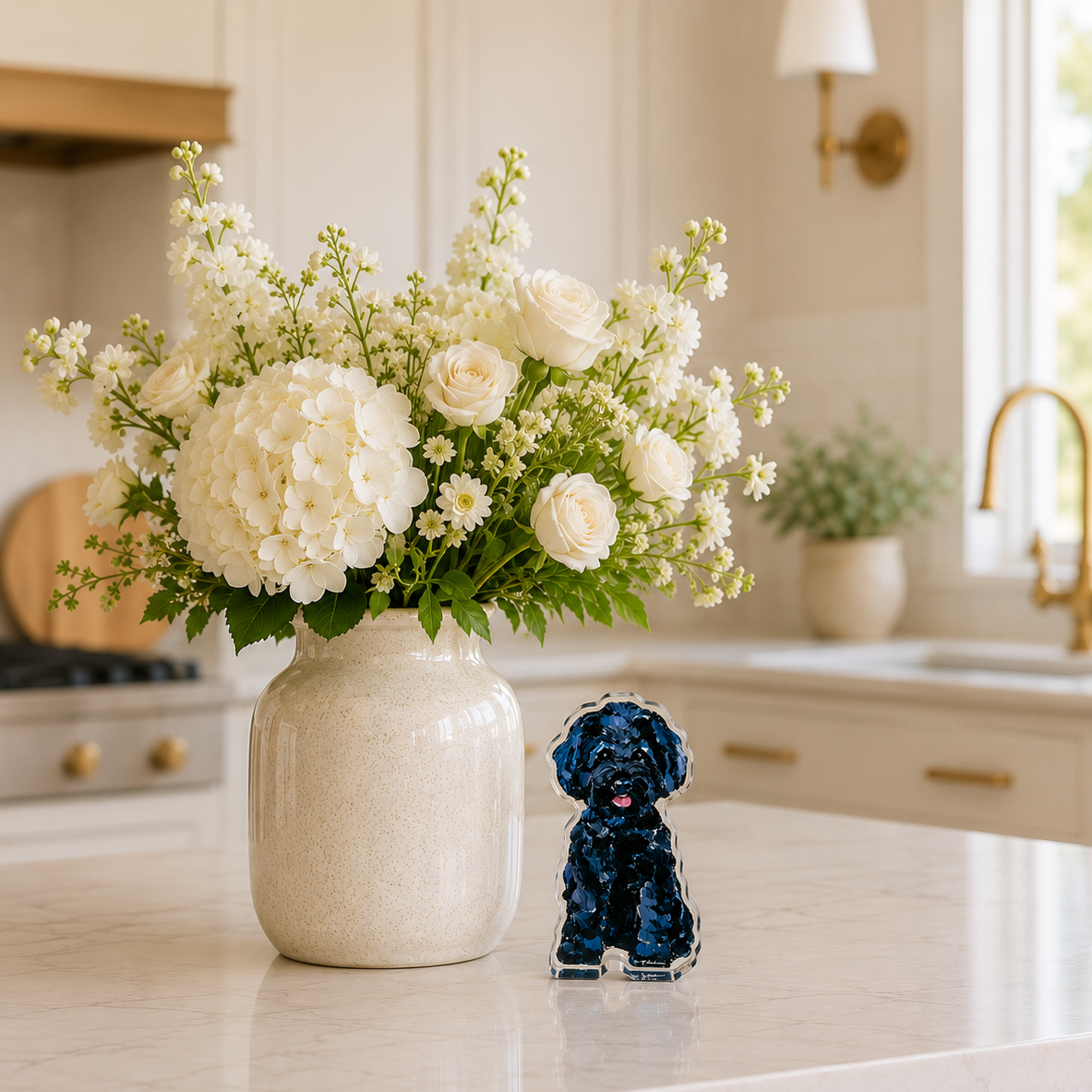 Decorative vase with white flowers on a kitchen counter next to a small black dog figurine.