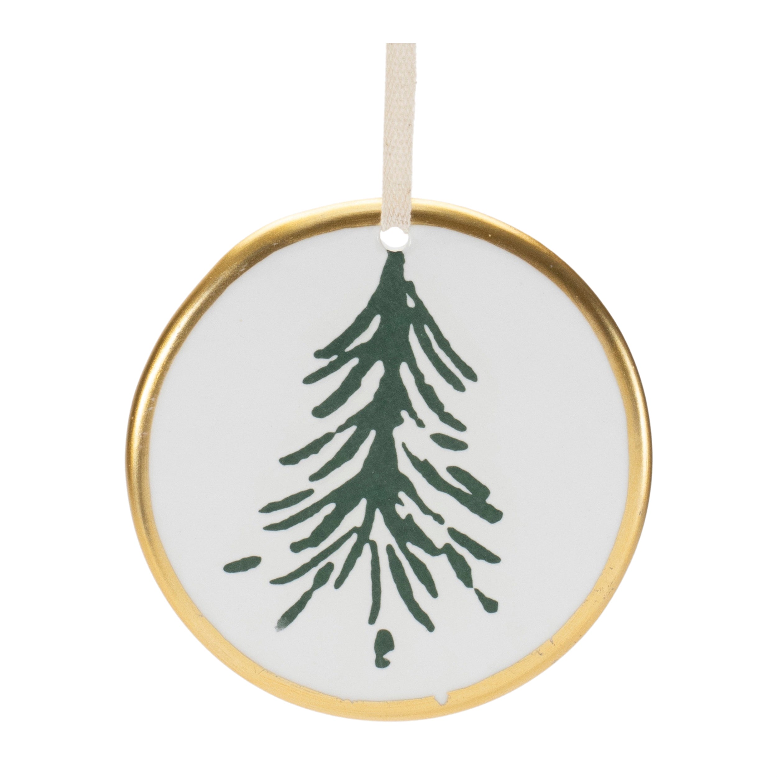 Round ornament with a green tree design on a white background