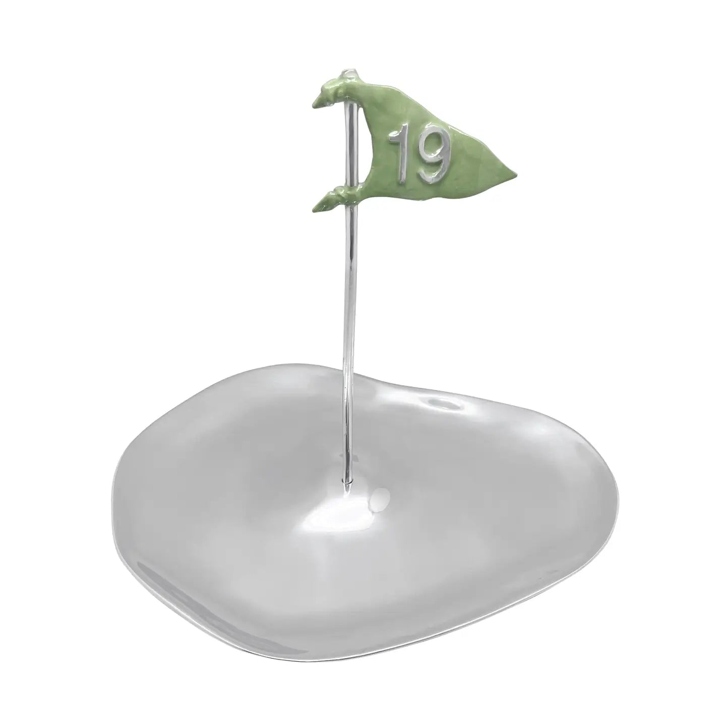 Decorative item resembling a golf ball with a flag and number 19 on a white background