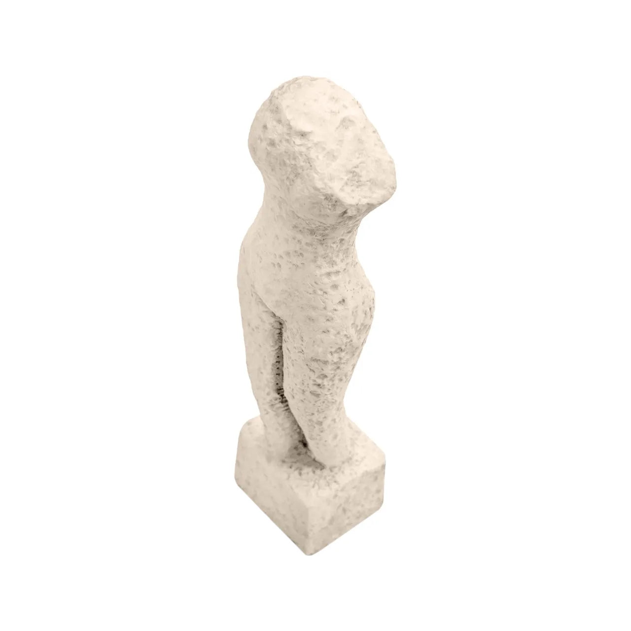 Abstract beige cement human body sculpture with an elongated silhouette, textured stone-like finish, and minimalist design on a rectangular base on white background