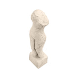 Abstract beige cement human body sculpture with an elongated silhouette, textured stone-like finish, and minimalist design on a rectangular base on white background