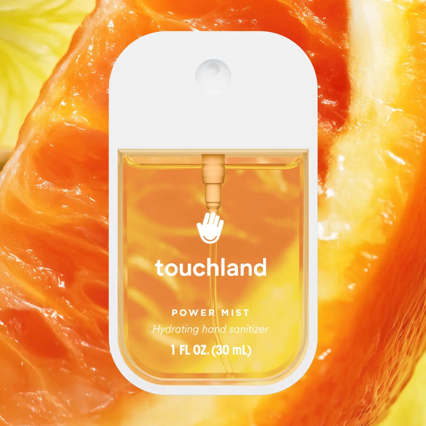 Touchland power mist hand sanitizer packaging on a bright orange background